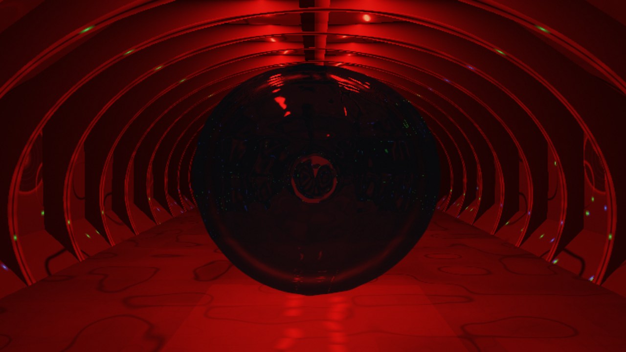 Liquid Orb free 4K live wallpaper for PC: a black liquid sphere hovering in a red-lit alien hall with ribbed walls