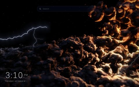 Above the Storm New Tab theme: a dark cloud deck at night with a storm tower glowing orange on the right and a white lightning bolt crossing the starry sky on the left