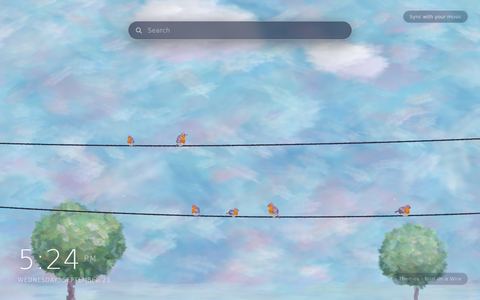 Bird on a Wire living wallpaper: painterly robins on sagging telephone wires against a pastel sky