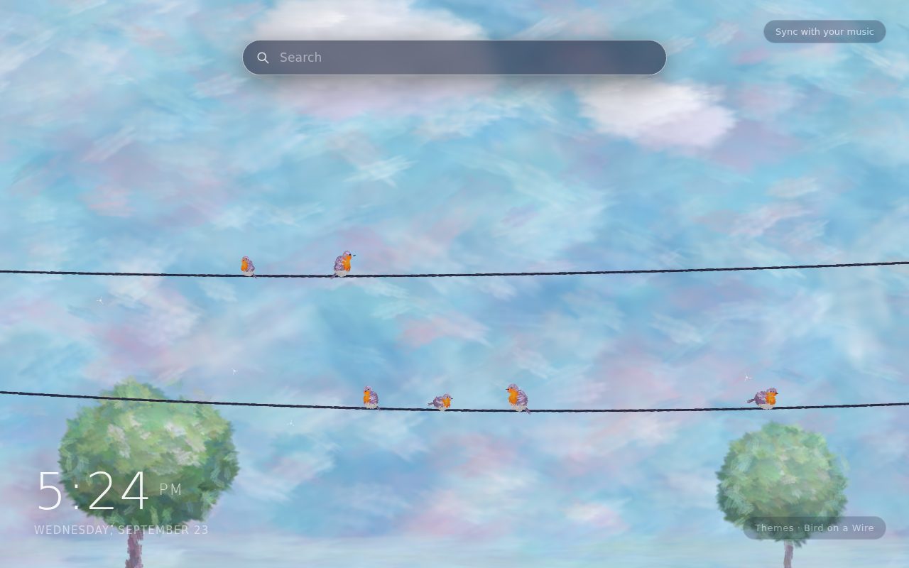 Bird on a Wire New Tab theme: painterly robins perched on two sagging telephone wires against a soft pastel sky with trees
