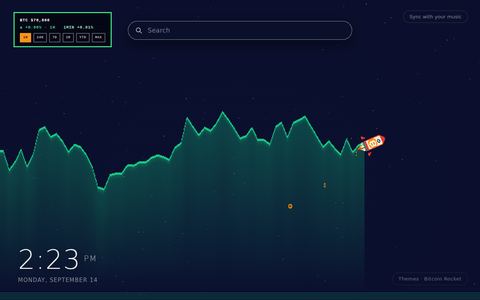 Bitcoin Rocket living wallpaper: a pixel rocket riding a live green Bitcoin price chart