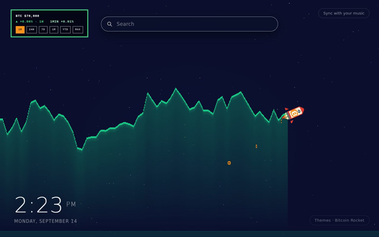 Bitcoin Rocket New Tab theme: a pixel-art rocket riding a live green Bitcoin price chart, with a BTC price panel, clock and search box on a dark starfield
