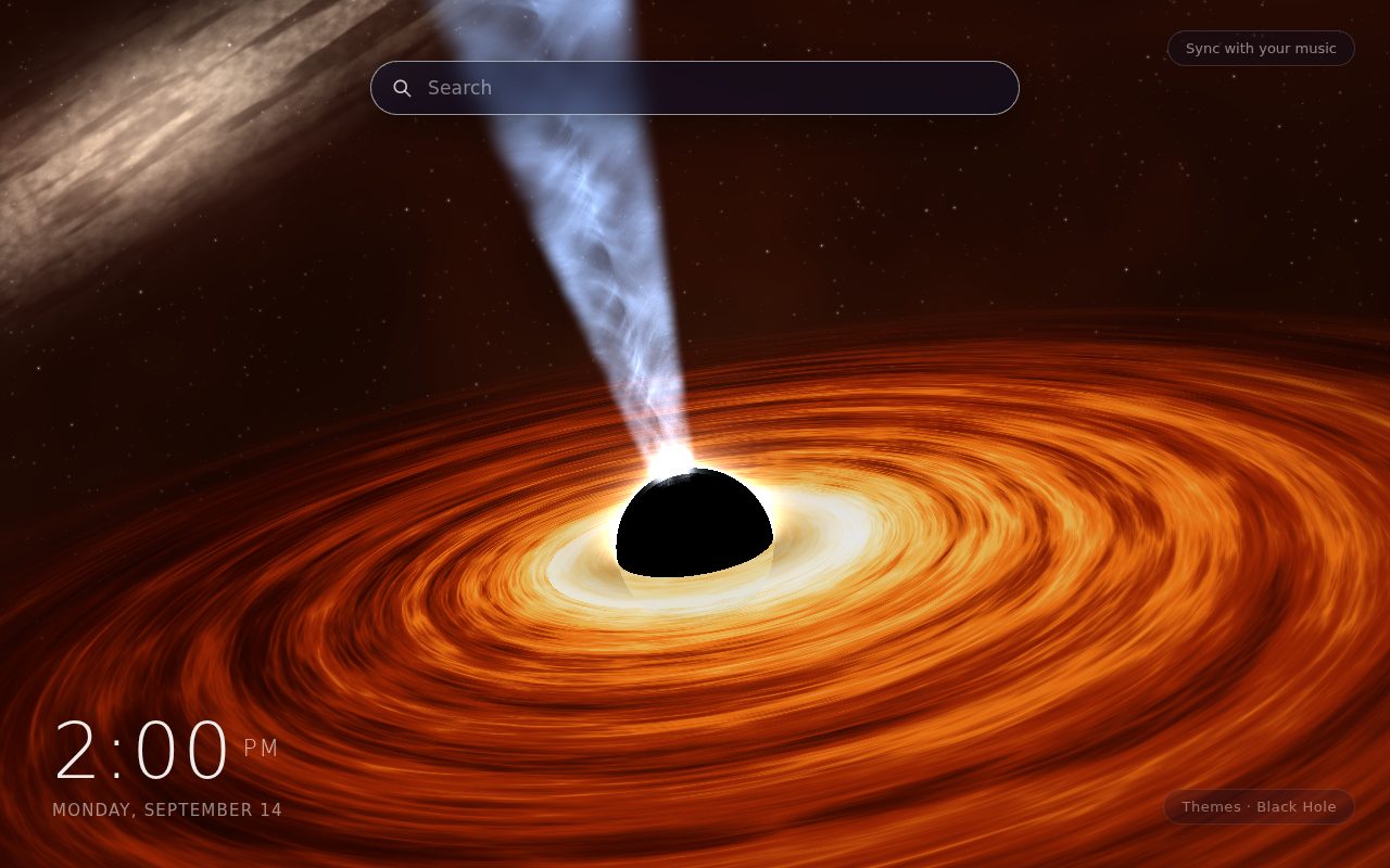 Black Hole New Tab theme: a gold and orange accretion disc around a black event horizon with a blue-white jet, on the Chrome New Tab page
