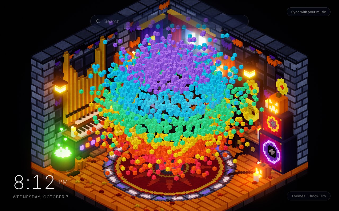 Block Orb New Tab theme: the shell of a ball of blocks bursting outward in bands of colour, red at the bottom through orange, green and cyan to violet at the top, over a round red rug in a voxel Halloween music room with a pipe organ, speaker stacks, a green cauldron and jack-o'-lanterns
