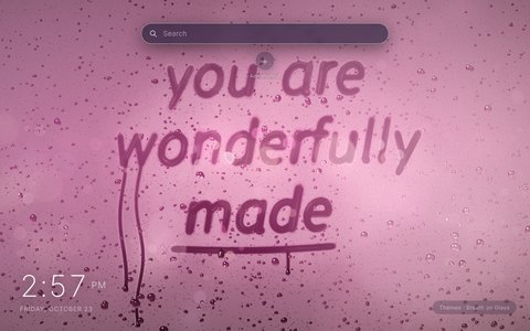 Breath on Glass New Tab theme: the words Your peace is priceless written by finger on a fogged pink window covered in water droplets, with heart-shaped dots and a wavy underline