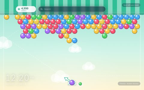 Bubble Shooter New Tab theme: a ceiling of glossy red, yellow, green, blue and purple bubbles under a mint striped awning on a pale mint sky with soft clouds, a launcher with a purple bubble and a dotted aiming arrow at the bottom, and a score of 4,550 on Level 2 in the top left