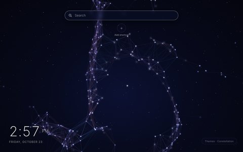 Constellation New Tab theme: a dark blue starfield of glowing points joined by faint lines, with the clock, date and search box
