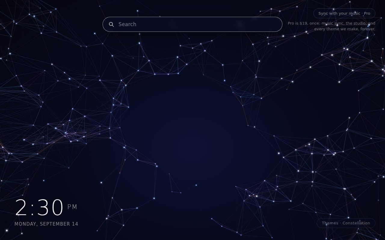Constellation New Tab theme: a dark blue starfield of glowing points joined by faint lines, with the clock, date and search box