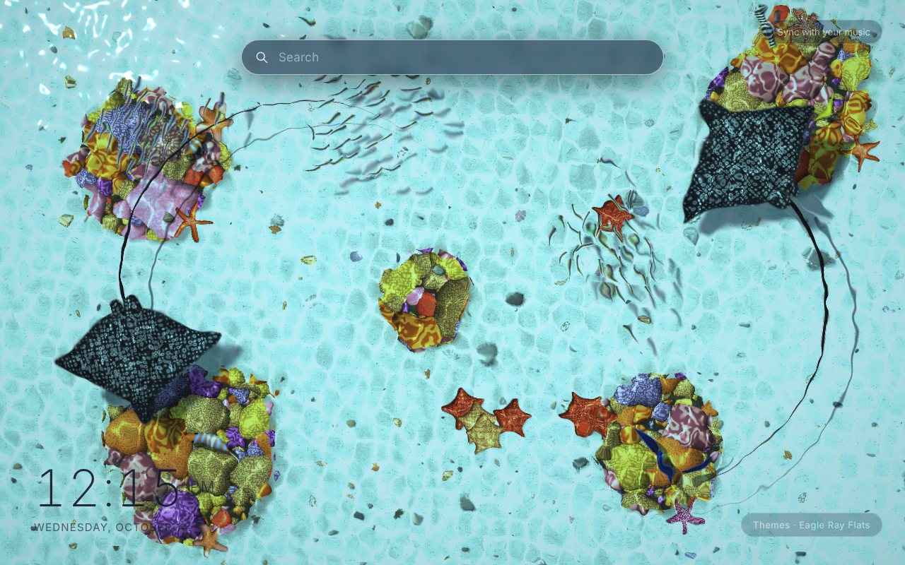 Eagle Ray Flats New Tab theme: two spotted eagle rays with long whip tails glide over pale sand in clear turquoise water, seen from straight above, with schools of small silver fish, mounds of orange, yellow and pink coral, red-orange starfish, scattered shells and nets of sunlight rippling across the sand