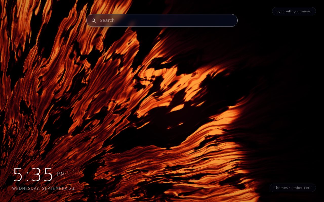Ember Fern New Tab theme: a glowing orange and violet fractal fern fanning out from the bottom-left corner of a dark page