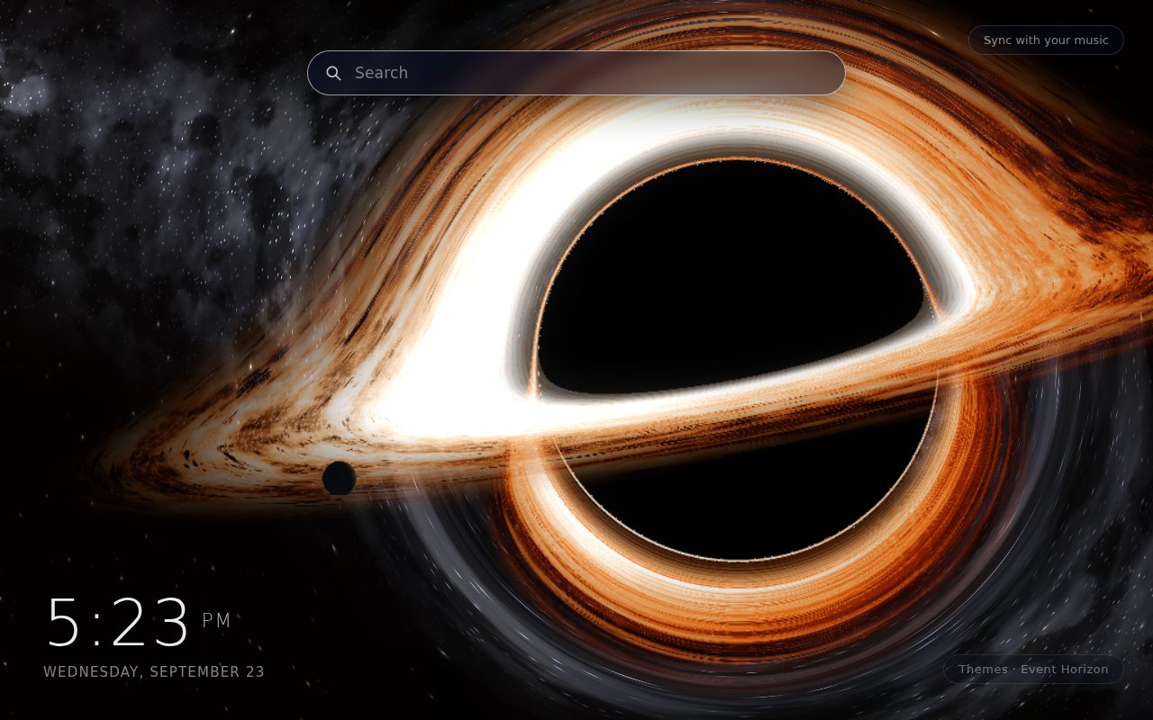 Event Horizon New Tab theme: a gravitationally lensed black hole whose bright accretion disc wraps over and under the central shadow