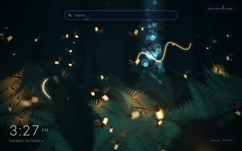 Fireflies New Tab theme: glowing amber fireflies over dark green ferns at night, with a column of pale blue moonlight between black tree trunks
