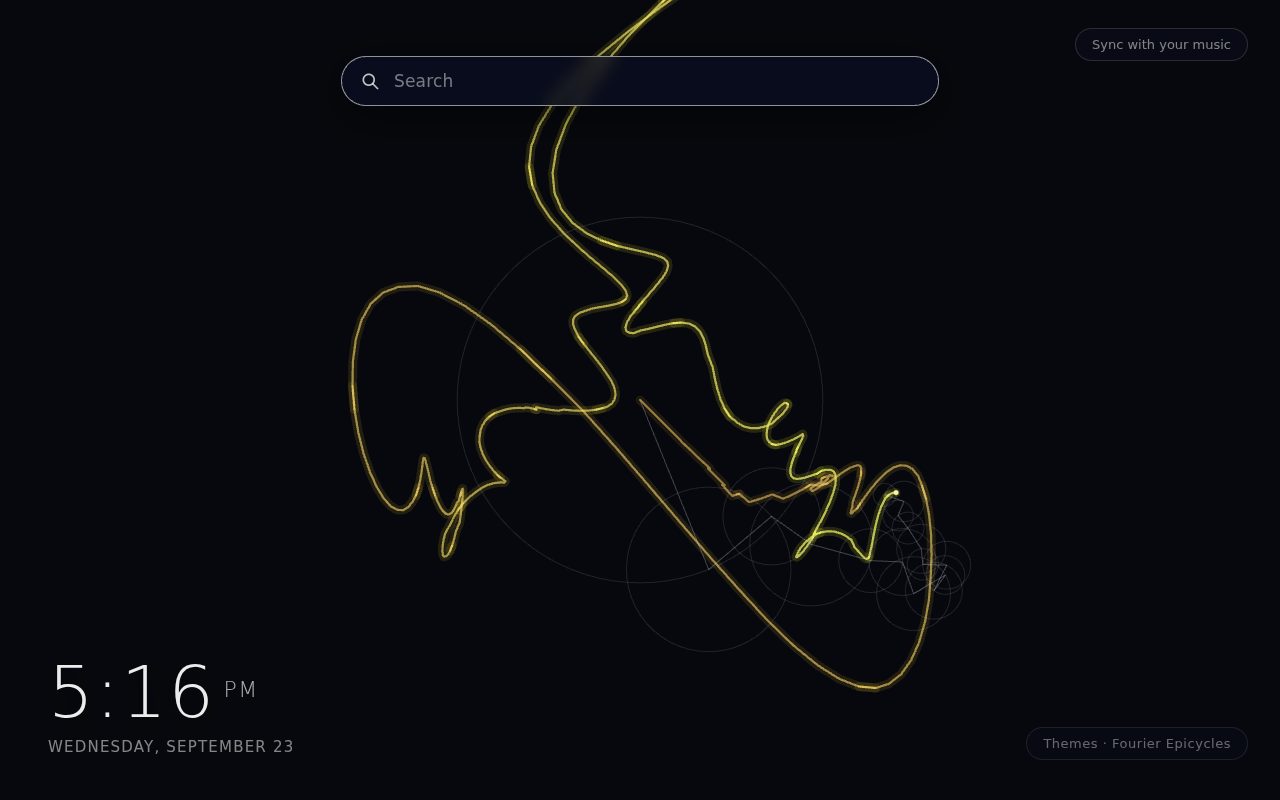 Fourier Epicycles New Tab theme: a chain of glowing circles of decreasing size drawing a looping curve on a dark Chrome New Tab page