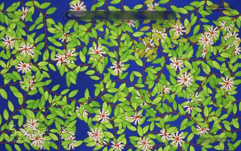 Honeysuckle Wall living wallpaper: rust-red vines with chartreuse leaves and white flowers on a cobalt wall