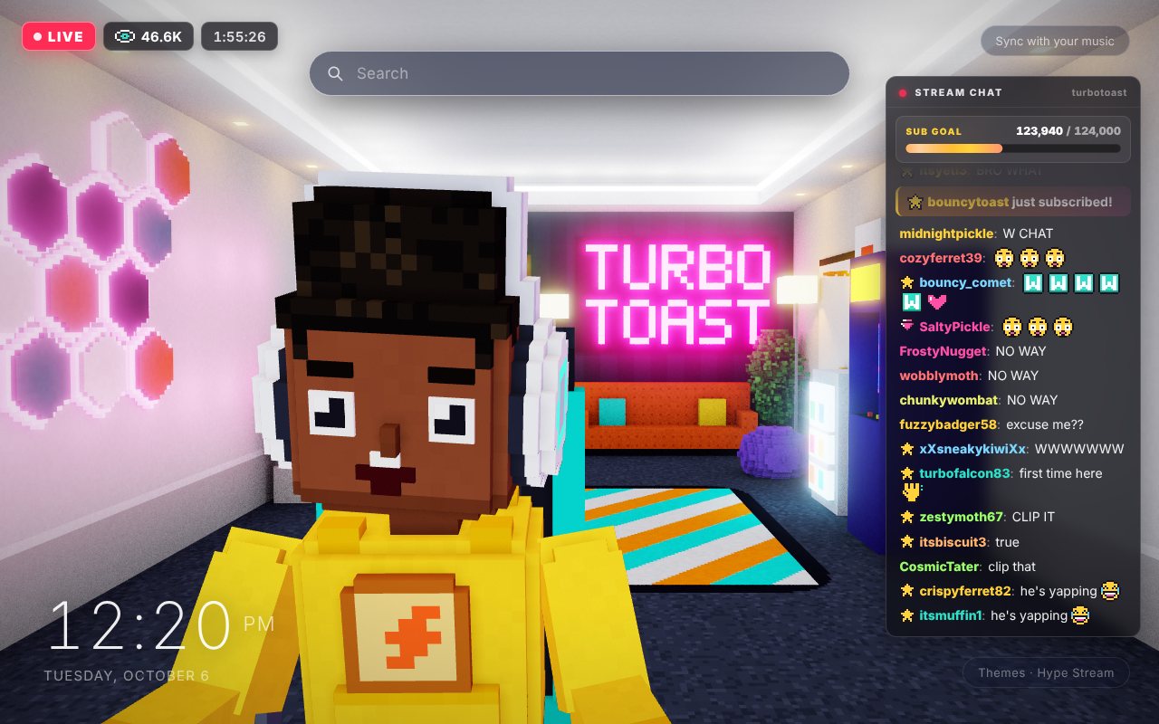 Hype Stream New Tab theme: a block-built streamer in a mustard hoodie and white headset grinning at the camera from his desk, with pink hexagon wall lights, a pink neon sign, an orange couch and a striped rug behind him, a LIVE badge and viewer count in the top left and a scrolling stream chat with a sub goal bar on the right