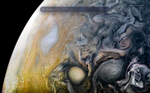 Jupiter New Tab theme: a JunoCam photograph of Jupiter's cloud tops with the curved edge of the planet against black space, an ochre band, pale ovals and swirling slate-blue storms