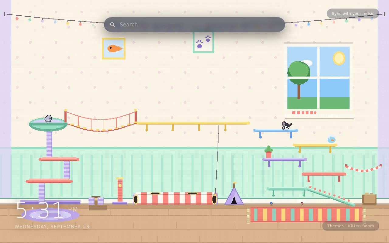 Kitten Room New Tab theme: a pastel pixel-art playroom with a cat tree, shelves and a rope bridge, and three small kittens, orange, tuxedo and grey