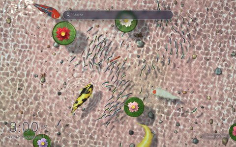 Koi Pond New Tab theme: four koi in gold, black-and-yellow, white-and-red and red swim over rippled pink sand and pebbles in clear sunlit water, seen from above, with water lilies, a school of silver minnows and a red dragonfly