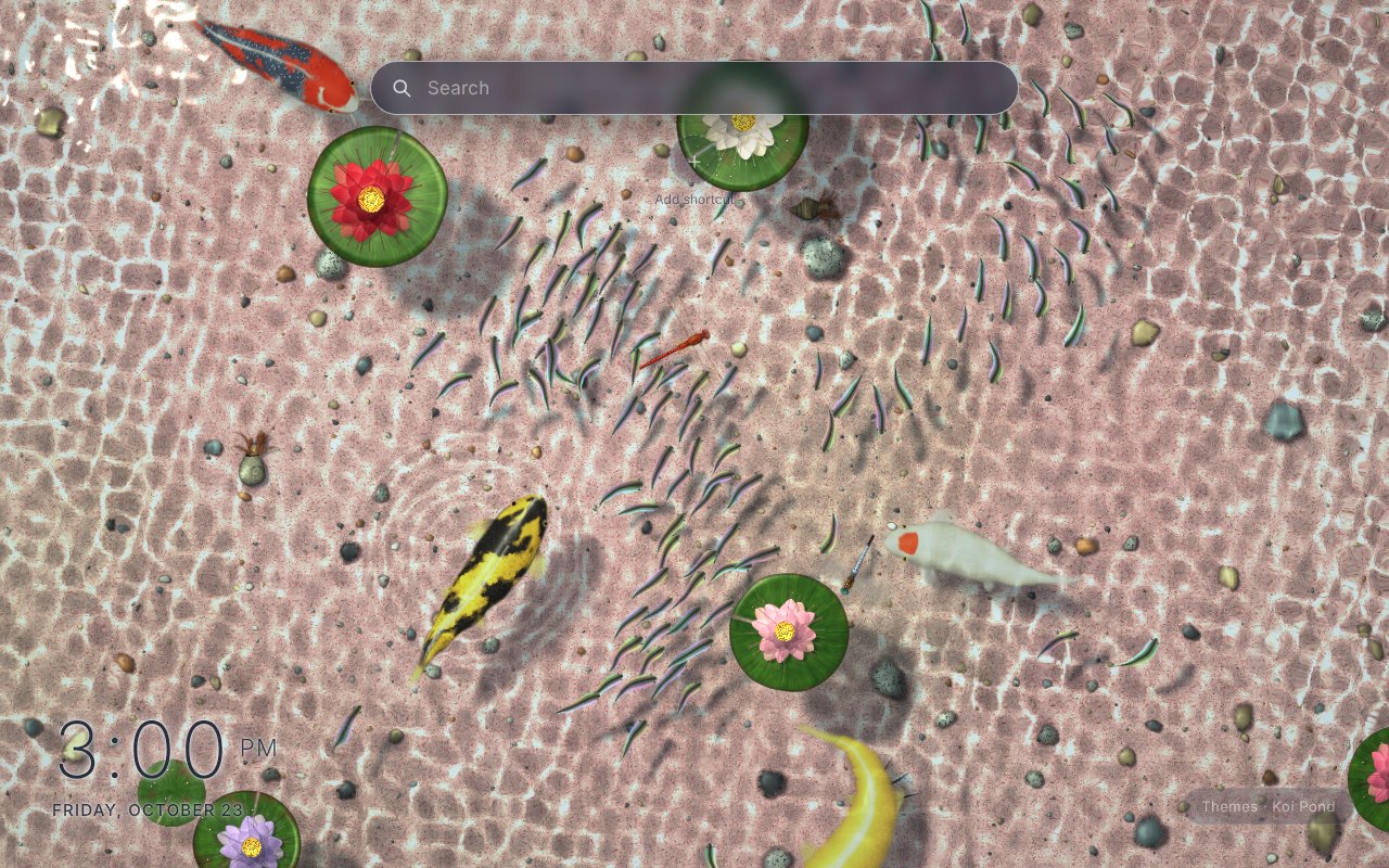 Koi Pond New Tab theme: four koi in gold, black-and-yellow, white-and-red and red swim over rippled pink sand and pebbles in clear sunlit water, seen from above, with water lilies, a school of silver minnows and a red dragonfly