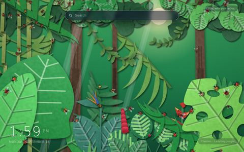 Ladybug Jungle living wallpaper: layered paper-cut rainforest plants with tiny red ladybugs