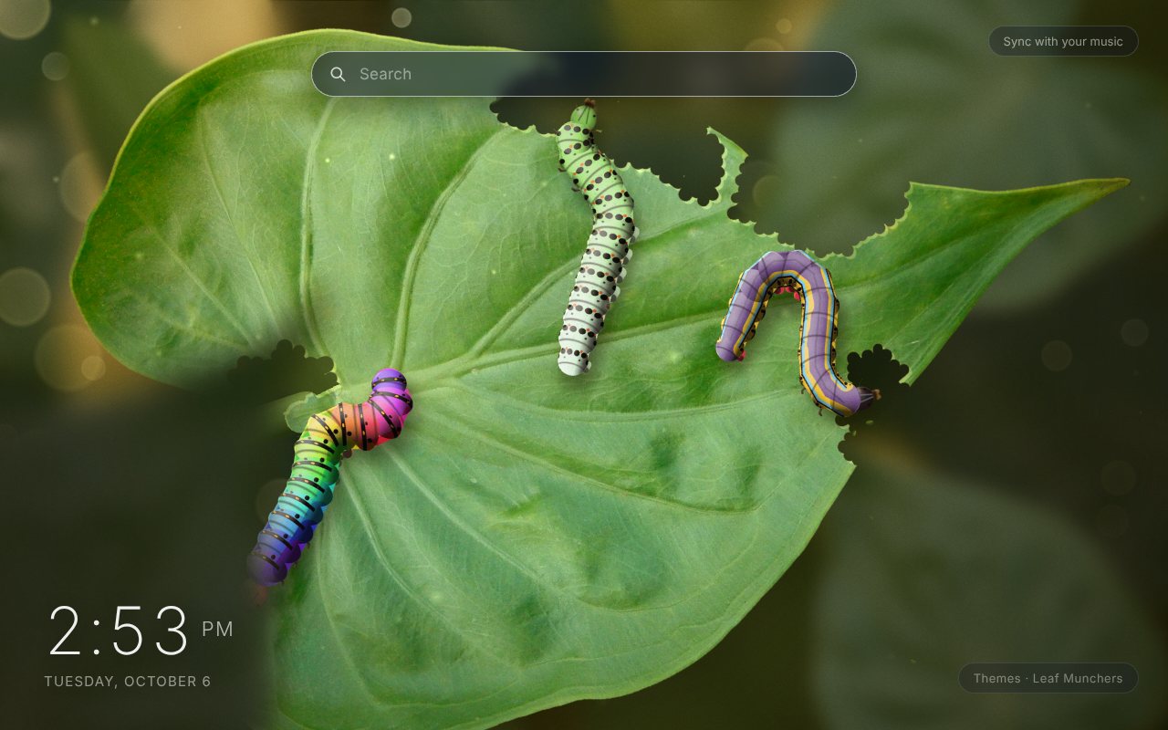 Leaf Munchers New Tab theme: a rainbow, a mint-green and a violet striped caterpillar on a big green leaf, with scalloped bites eaten out of its edge