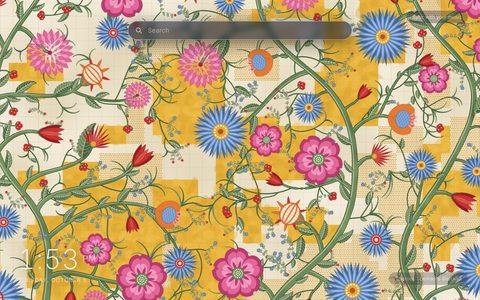 Leman's Garland New Tab theme: large blue daisies, pink roses and red tulips on green stems over cream squared paper with saffron-yellow blocks