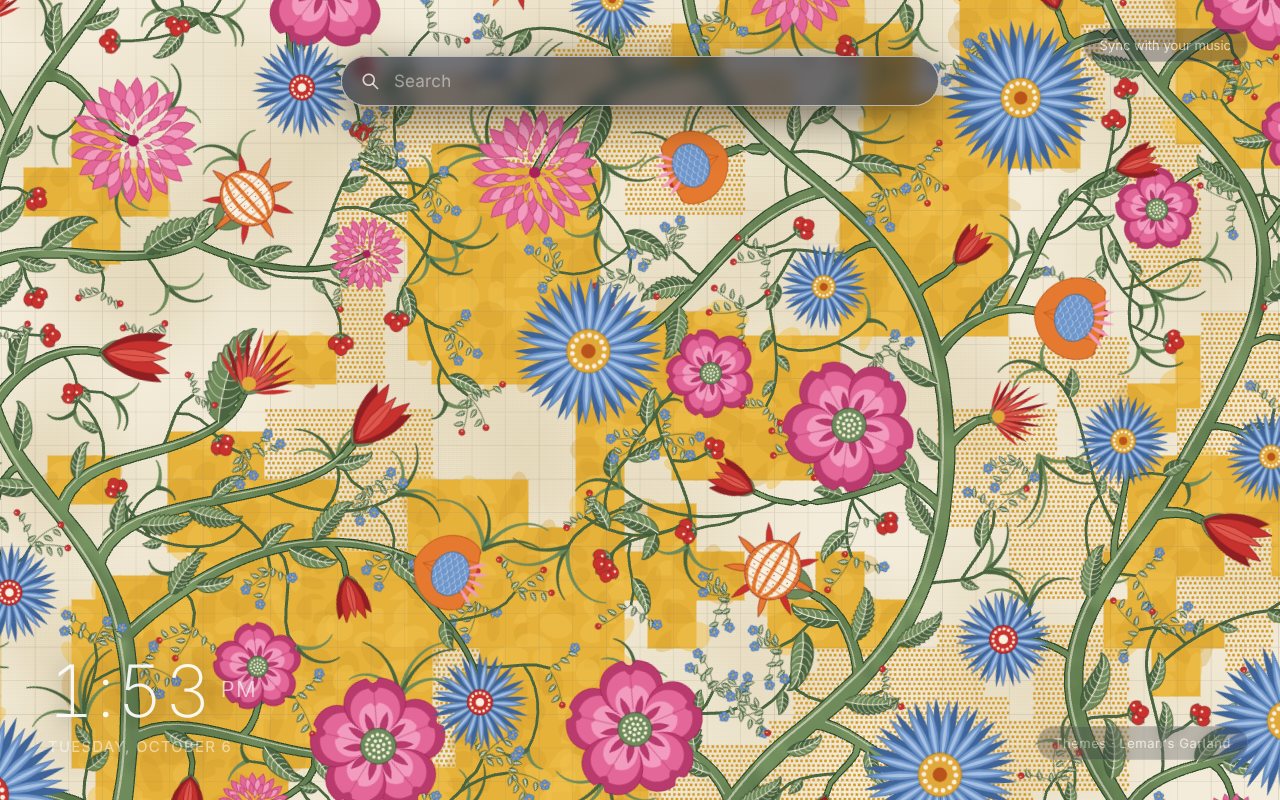 Leman's Garland New Tab theme: large blue daisies, pink roses and red tulips on green stems over cream squared paper with saffron-yellow blocks