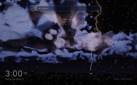 Lightning Storm New Tab theme: a huge night storm cloud lit amber and violet from inside, a forked lightning bolt striking down to dark hills dotted with town lights, and stars in the open sky