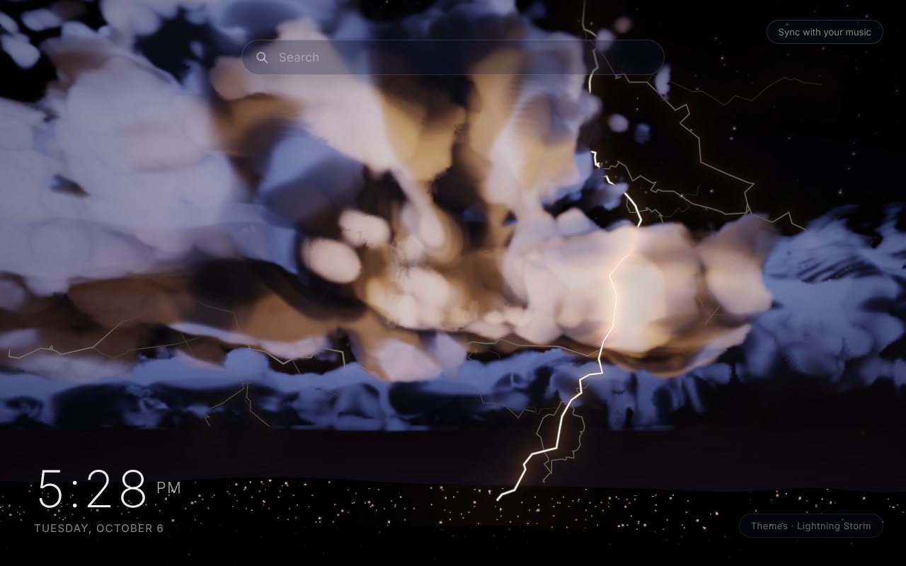 Lightning Storm New Tab theme: a huge night storm cloud lit amber and violet from inside, a forked lightning bolt striking down to dark hills dotted with town lights, and stars in the open sky