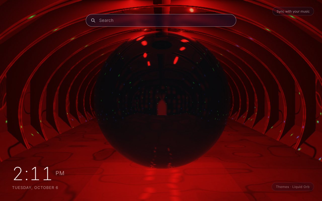 Liquid Orb New Tab theme: a glossy black liquid sphere hovering in a ribbed hall lit deep red, with red glints on its surface