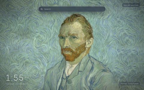 Living Portrait New Tab theme: Van Gogh's 1889 self-portrait, red beard and pale blue-green suit against a swirling blue-green background, filling the Chrome New Tab page