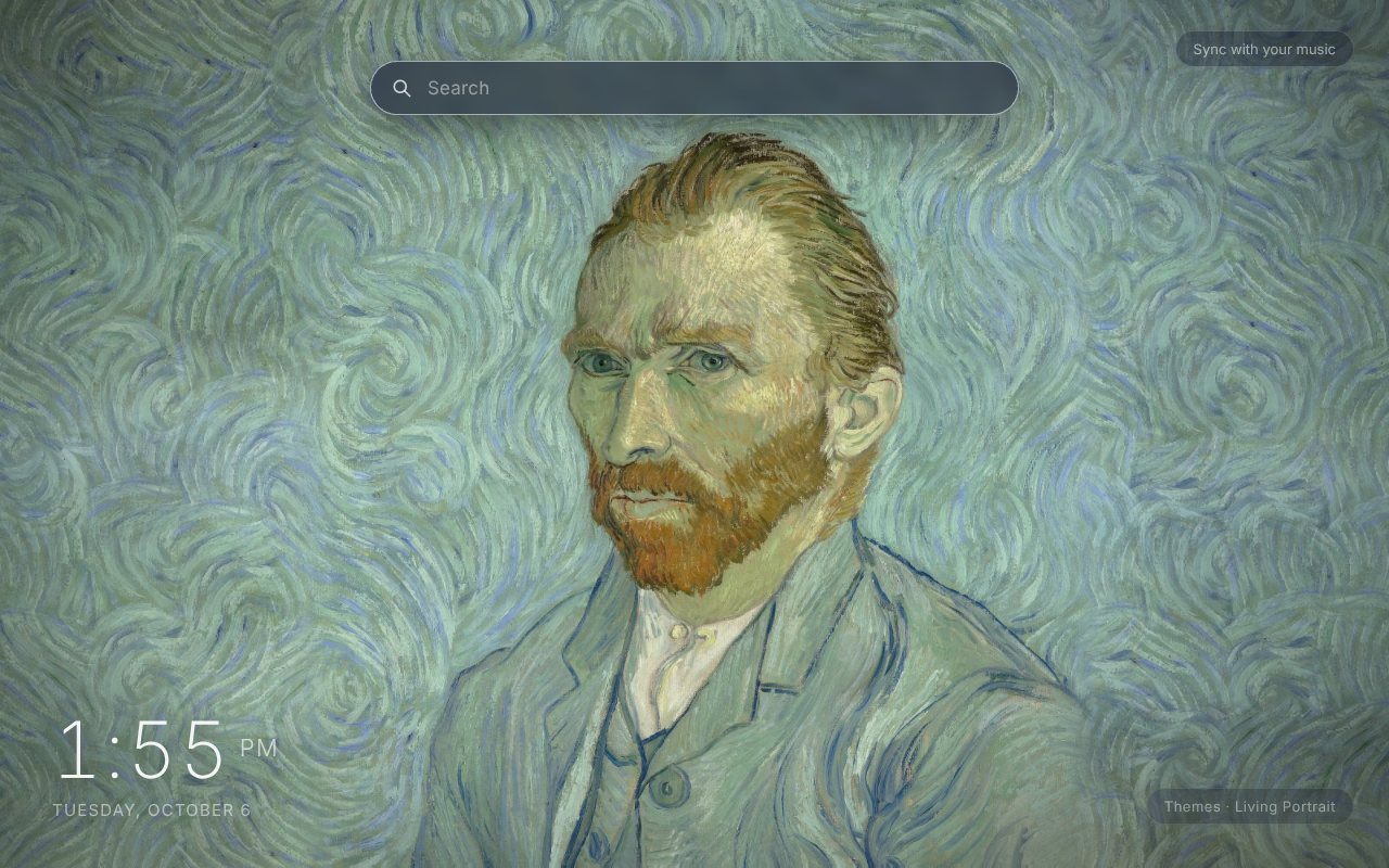 Living Portrait New Tab theme: Van Gogh's 1889 self-portrait, red beard and pale blue-green suit against a swirling blue-green background, filling the Chrome New Tab page