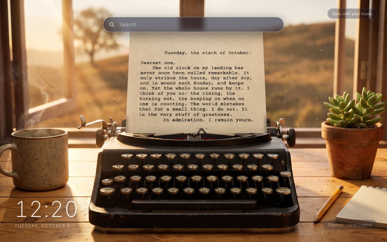 Love Letters New Tab theme: a black typewriter on a wooden desk by an open window at golden hour, with a finished typed letter rolled up out of the machine, a speckled mug, a potted succulent and a pencil, and a sunlit hillside with a tree outside