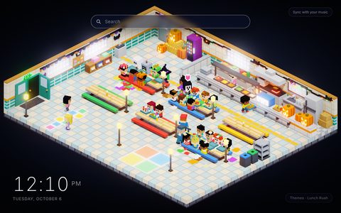 Lunch Rush New Tab theme: a block-built school cafeteria seen from above one corner, with kids in Halloween costumes and school clothes eating at long coloured tables, a lunch counter with trays of food, jack-o'-lanterns by the kitchen, a purple vending machine and hopscotch squares on the tiled floor