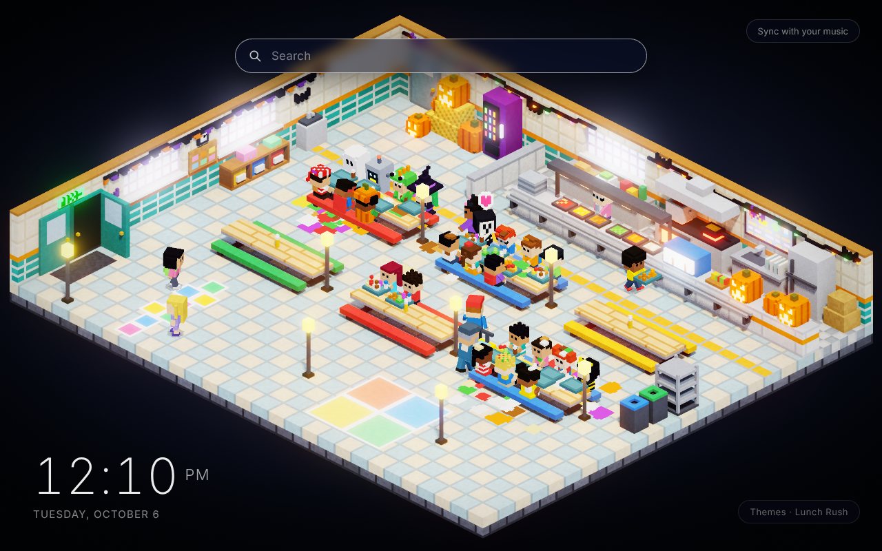 Lunch Rush New Tab theme: a block-built school cafeteria seen from above one corner, with kids in Halloween costumes and school clothes eating at long coloured tables, a lunch counter with trays of food, jack-o'-lanterns by the kitchen, a purple vending machine and hopscotch squares on the tiled floor