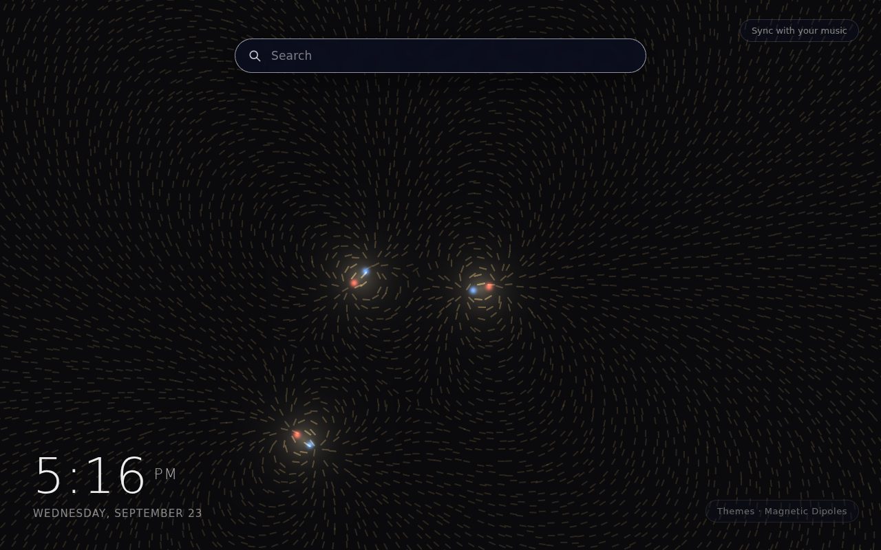 Magnetic Dipoles New Tab theme: thousands of pale iron filings on a dark plate tracing the looping field lines of bar magnets