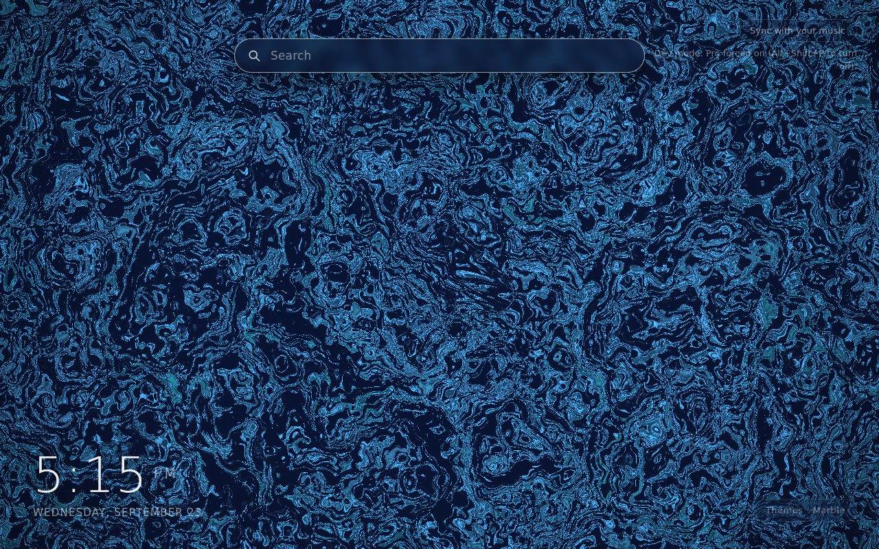 Marble New Tab theme: swirling blue and navy marbled paint filling the Chrome New Tab page with the clock and search box