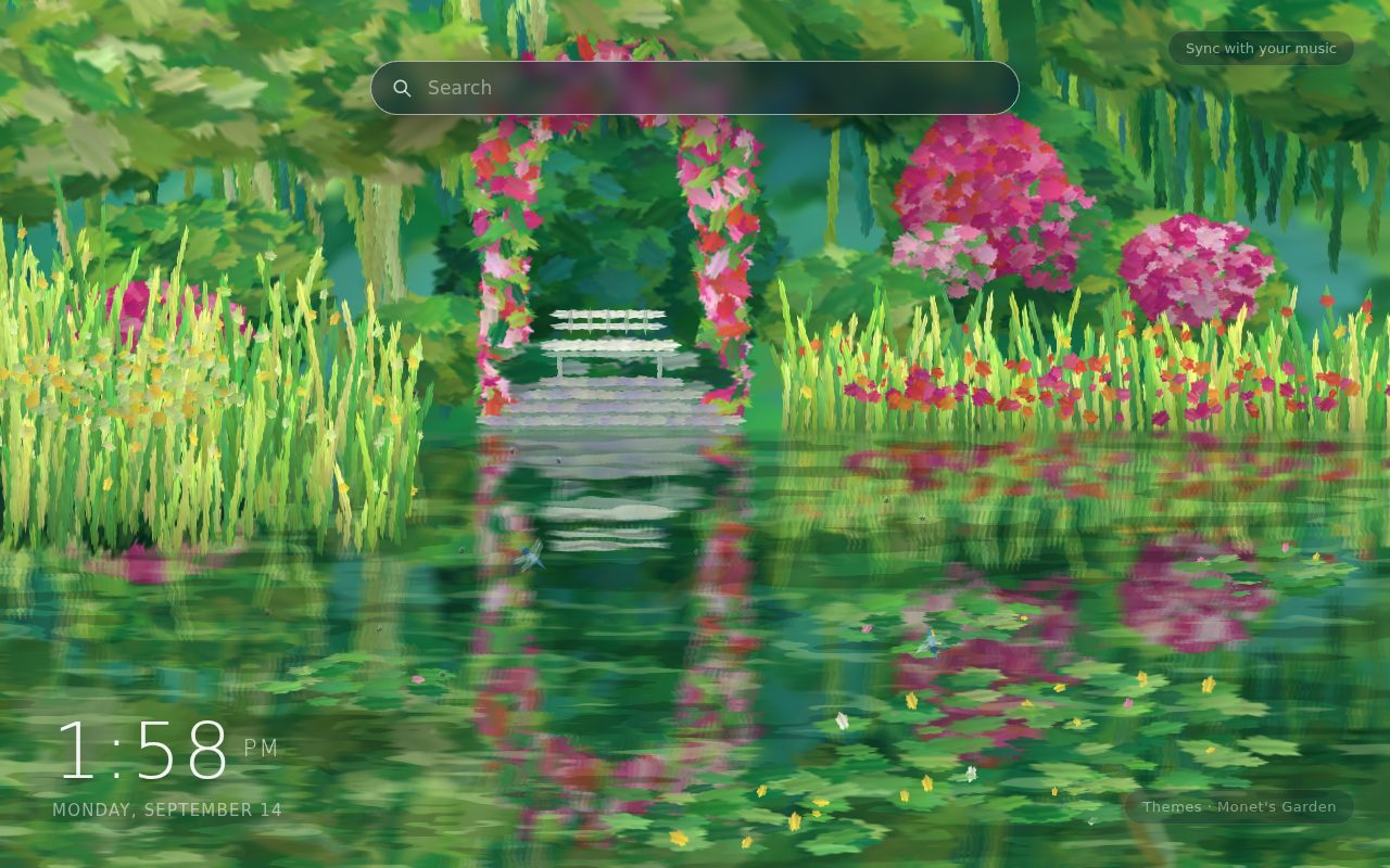 Monet's Garden, a living wallpaper theme in Ambient New Tab: an impressionist willow, rose arch, white bench and lily pond on a Chrome New Tab page