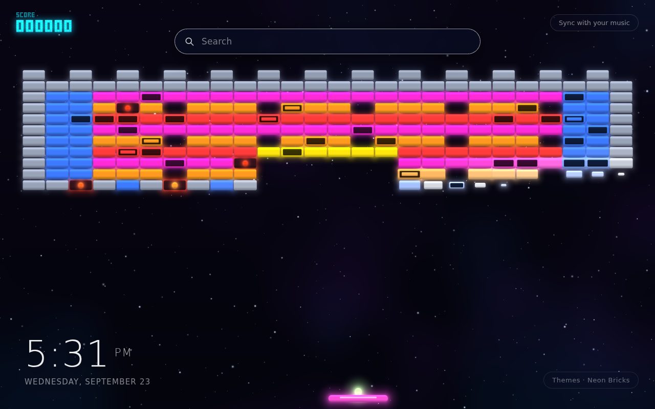 Neon Bricks New Tab theme: a glowing ball and paddle smashing rows of neon-coloured bricks against a deep-space starfield