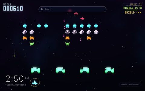 Neon Invaders New Tab theme: rows of cyan, lavender, orange and green pixel aliens above four green bunkers and a small fighter, with a score counter and power-up labels on a dark purple starfield