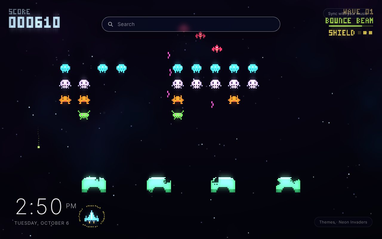 Neon Invaders New Tab theme: rows of cyan, lavender, orange and green pixel aliens above four green bunkers and a small fighter, with a score counter and power-up labels on a dark purple starfield