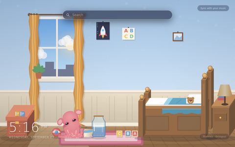 Octopus living wallpaper: a coral-pink cartoon octopus among blocks and a jar in a child's bedroom