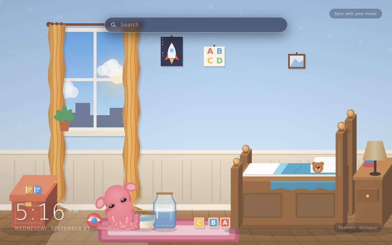 Octopus New Tab theme: a small coral-pink cartoon octopus among blocks, a jar and a bed in a child's bedroom on the Chrome New Tab page