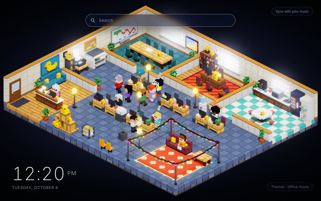 Office Hours New Tab theme: a block-built open-plan office seen from above one corner, with workers gathered between rows of desks and computers, a glass meeting room and a boss's office at the back, a reception desk beside a rubber-duck poster, a kitchen with a checked floor, and a red sofa on an orange rug under string lights