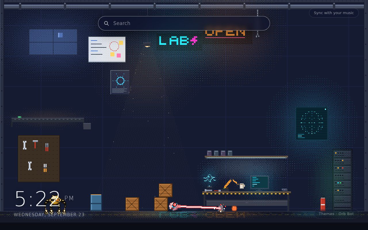 Orb Bot New Tab theme: a silver and a gold pixel spider-orb robot in a dark robotics workshop with pipes, crates and a glowing monitor