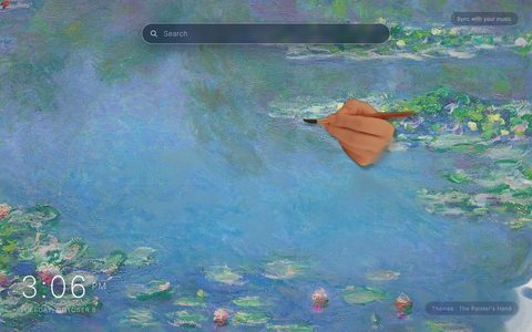 The Painter's Hand New Tab theme: a hand holding a brush painting Monet's Water Lilies in oils, blue water with green lily pads and pink flowers