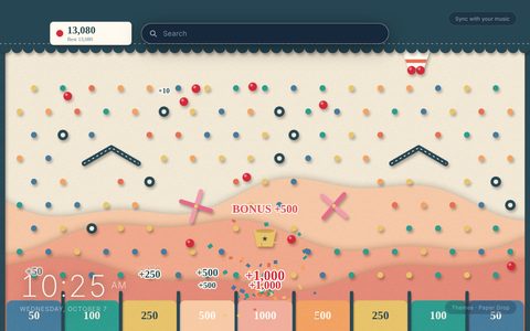 Paper Drop New Tab theme: red beads bouncing down a cream cut-paper peg board with coloured pegs, two pink X paddles and a yellow bonus cup above coral hills, BONUS +500 and +1,000 popups with confetti over the numbered pockets along the bottom, and a score of 13,080 on a paper tag beside the search bar