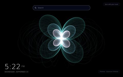 Quantum Orbitals New Tab theme: a glowing teal and white point-cloud lattice shaped like an atomic orbital with lobes around a bright nucleus