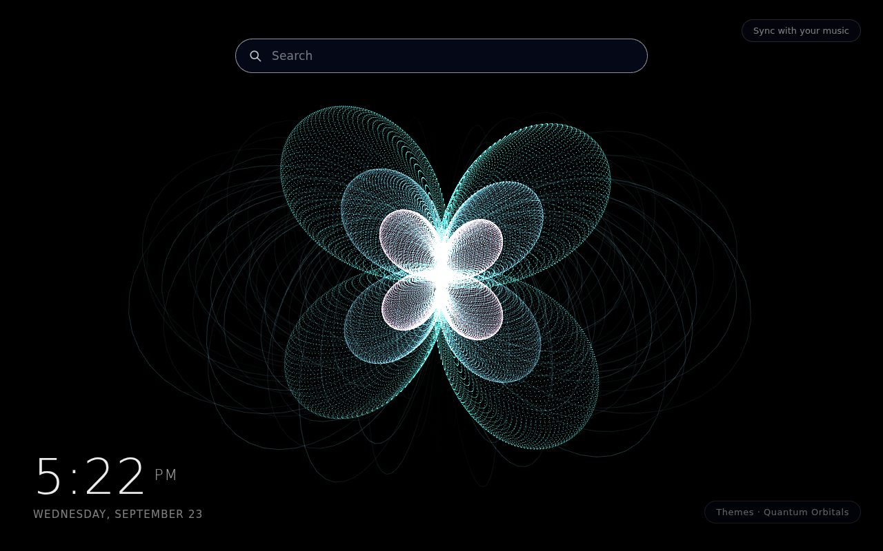 Quantum Orbitals New Tab theme: a glowing teal and white point-cloud lattice shaped like an atomic orbital with lobes around a bright nucleus