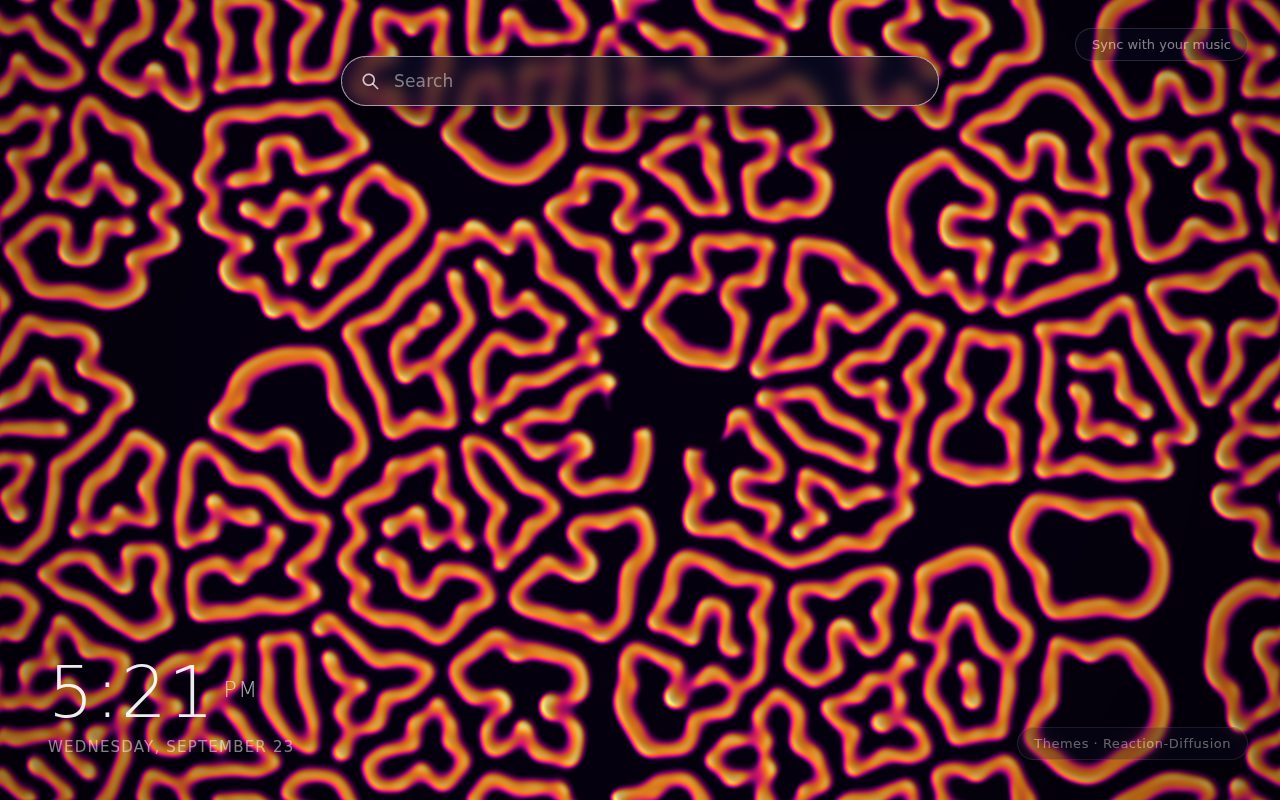 Reaction-Diffusion New Tab theme: a dense field of dividing cell-like blobs and coral ridges filling the Chrome New Tab page